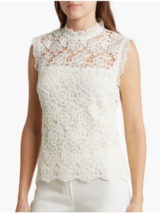 Nanette Lepore Tops - Nanette Lepore Lace Blouse Women S Ivory Floral Crochet Sleeveless Mock Neck
